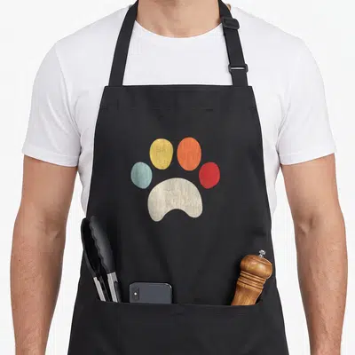 Tablier de cuisine noir avec une patte de chiot multicolore et le texte j'aime mon chien imprimé au centre.