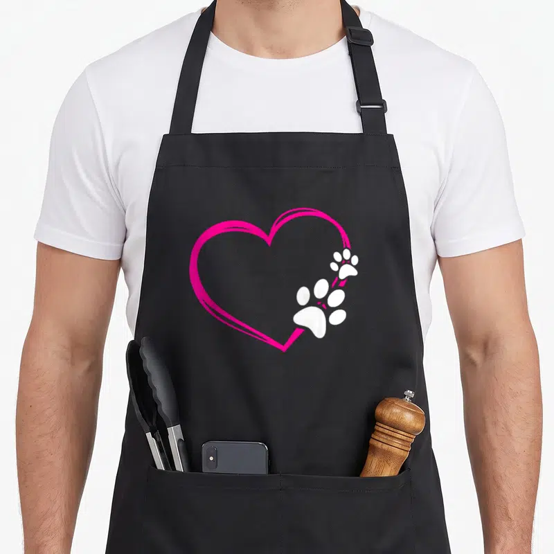 Tablier de cuisine noir avec un grand cœur rose vif et deux empreintes de pattes blanches superposées sur le côté droit du dessin.