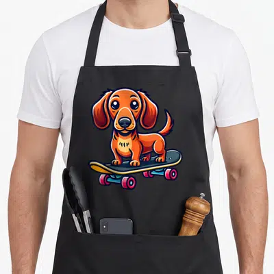Tablier de cuisine noir avec illustration d'un teckel orange sur un skateboard aux roues roses et bleues.