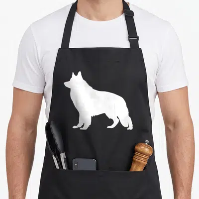 Tablier de cuisine noir avec silhouette blanche de Berger Blanc Suisse de profil