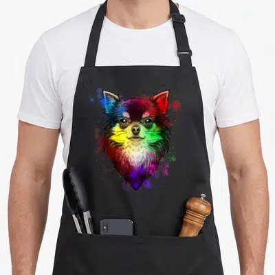 Tablier de cuisine noir avec portrait de Chihuahua aux couleurs arc-en-ciel et éclaboussures artistiques.