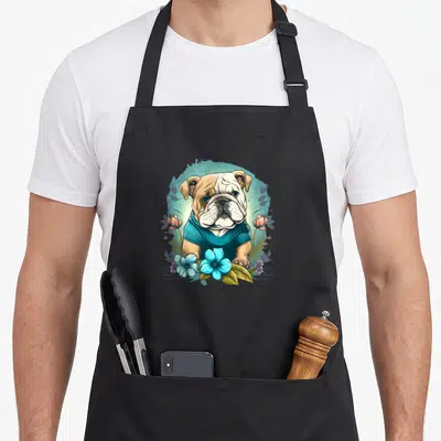 Tablier de cuisine noir avec illustration colorée d'un bulldog portant une chemise bleue au milieu de fleurs.