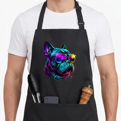 Tablier de cuisine noir avec un bouledogue français aux lunettes de soleil néon violet et cyan.