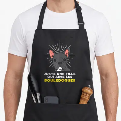 Tablier de cuisine noir avec illustration de bouledogue français et texte Juste une fille qui aime les bouledogues