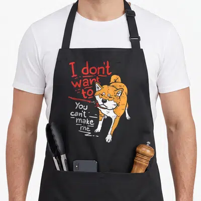 Tablier de cuisine noir avec illustration Shiba Inu orange et texte rouge et blanc I dont want to you cant make me stubborn
