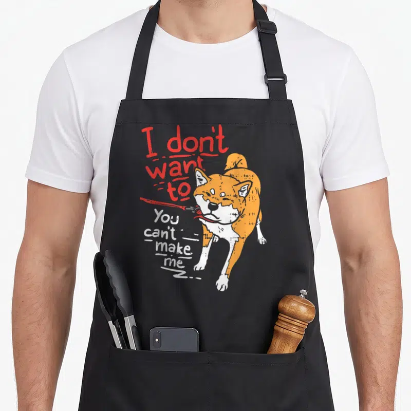 Tablier de cuisine noir avec illustration Shiba Inu orange et texte rouge et blanc I dont want to you cant make me stubborn