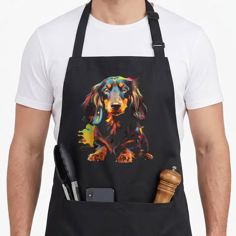 Tablier de cuisine noir avec illustration artistique d'un teckel chiot aux couleurs éclatantes et expressives.
