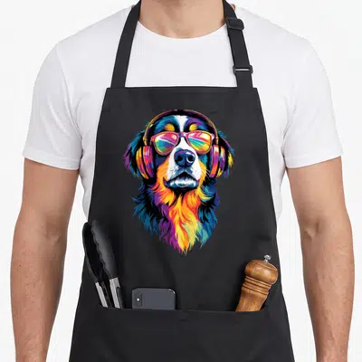 Tablier de cuisine noir avec illustration colorée d'un chien Bouvier Bernois au style pop art.
