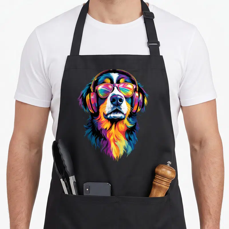 Tablier de cuisine noir avec illustration colorée d'un chien Bouvier Bernois au style pop art.