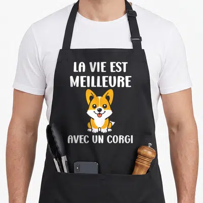 Tablier de cuisine noir avec un Corgi orange et blanc et le texte La vie est meilleure avec un Corgi