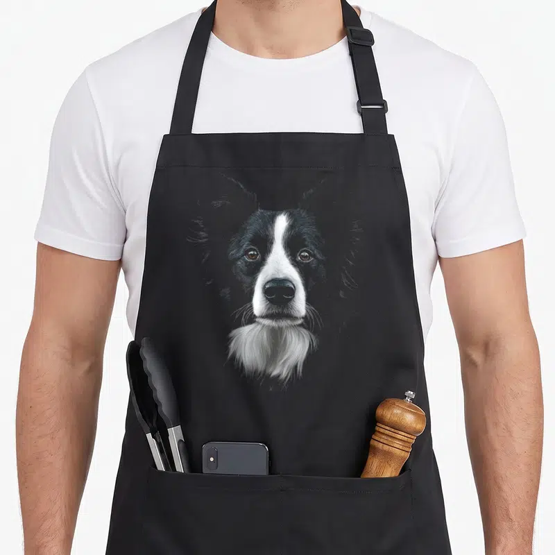 Tablier de cuisine noir avec portrait dessiné au trait d'un chien Border Collie regardant droit devant.