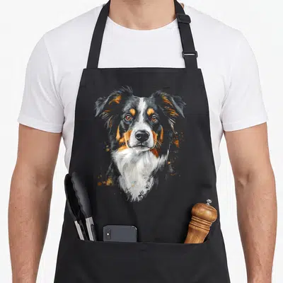 Tablier de cuisine noir avec illustration colorée et détaillée du visage d'un berger australien au regard intense.