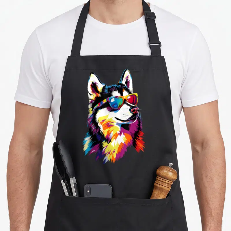Tablier de cuisine noir avec illustration colorée d'un husky portant des lunettes de soleil multicolores.