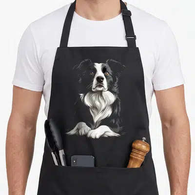 Tablier de cuisine noir avec illustration détaillée d'un Border Collie assis aux yeux expressifs.