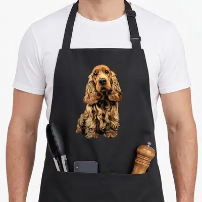Tablier de cuisine noir avec illustration d'un chien Cocker Rouge aux poils soyeux et regard doux assis face à l'observateur.