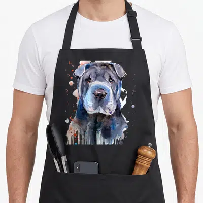 Tablier de cuisine noir avec portrait Shar-Pei aquarelle bleu et touches de rose