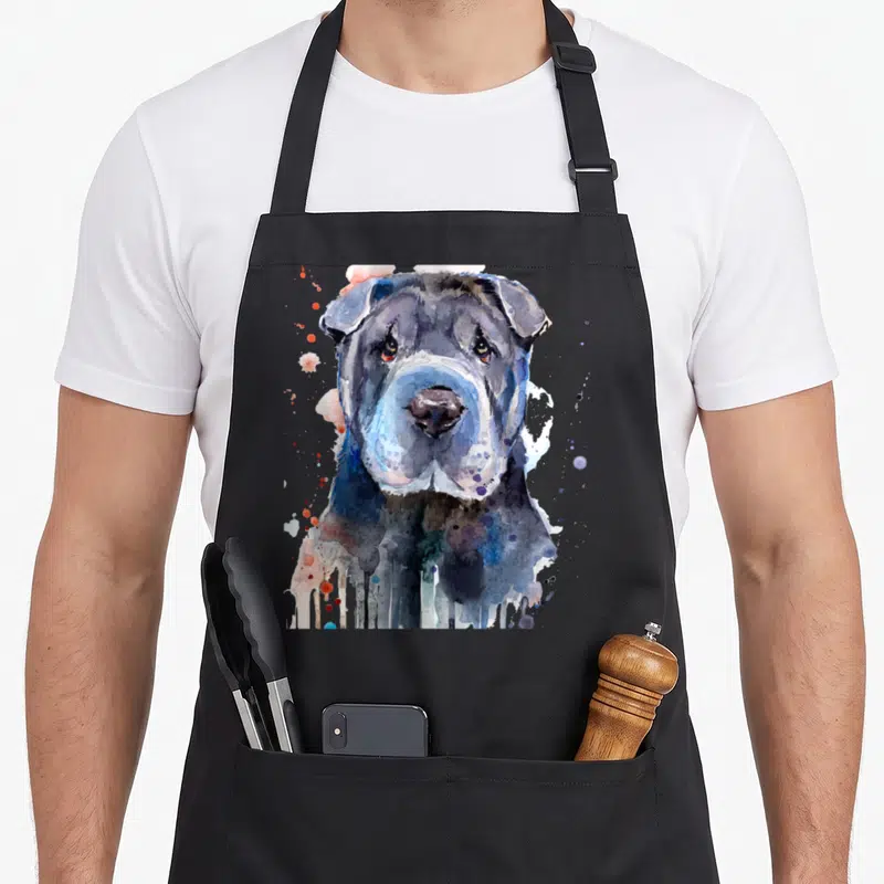 Tablier de cuisine noir avec portrait Shar-Pei aquarelle bleu et touches de rose