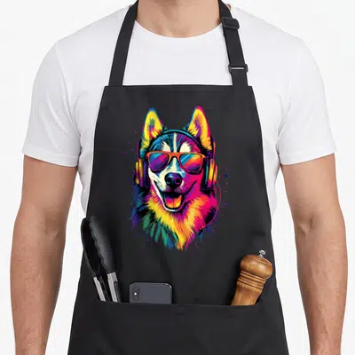 Tablier de cuisine noir avec illustration colorée d'un husky souriant portant des lunettes de soleil et un casque audio.