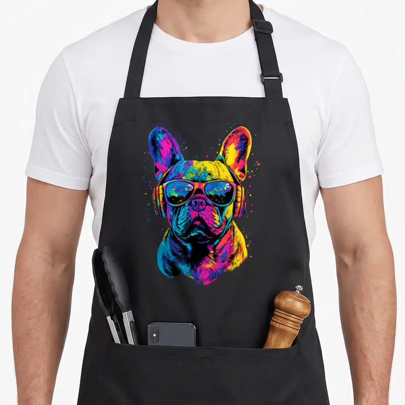 Tablier de cuisine noir avec illustration colorée d'un bouledogue français en lunettes de soleil et casque audio style pop art.