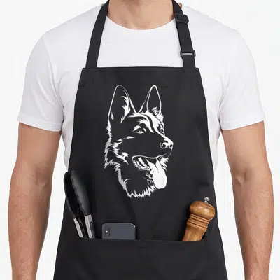 Tablier de cuisine noir avec silhouette blanche stylisée d'un Berger allemand de profil, langue sortie et oreilles pointues.