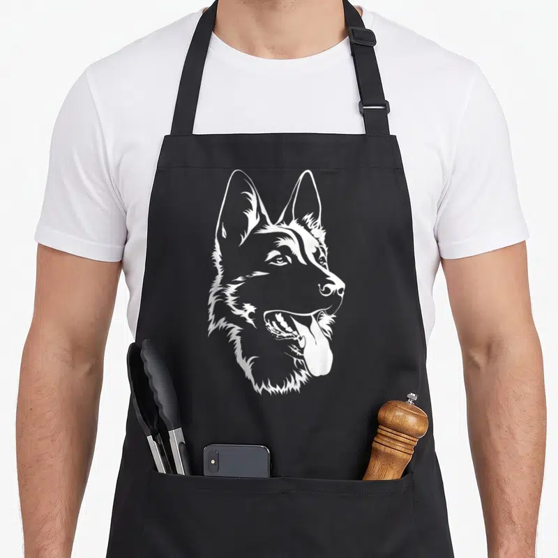 Tablier de cuisine noir avec silhouette blanche stylisée d'un Berger allemand de profil, langue sortie et oreilles pointues.