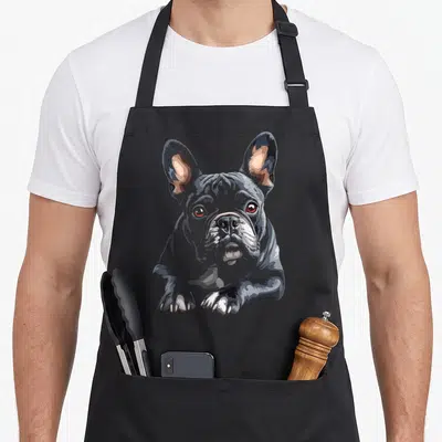 Tablier de cuisine noir avec illustration réaliste d'un bouledogue français gris posant ses pattes devant lui.