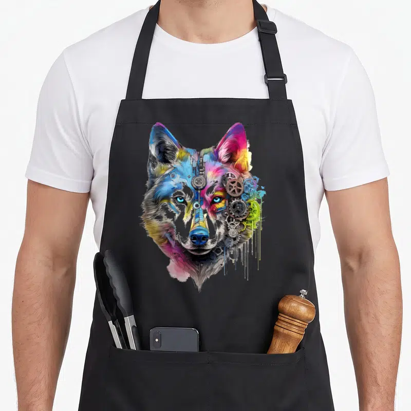 Tablier de cuisine noir avec illustration de loup abstrait aux couleurs vives et mécanismes intégrés.