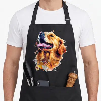 Tablier de cuisine noir avec une tête de Golden Retriever stylisée en polygons multicolores et fragmentés.