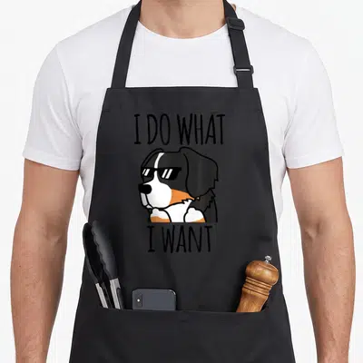 Tablier de cuisine noir avec illustration d'un chien bernoise portant des lunettes de soleil et le texte I Do What I Want.