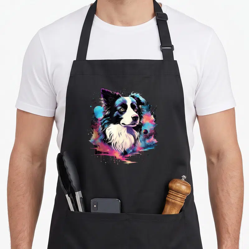 Tablier de cuisine noir avec illustration colorée d'un Border Collie aux teintes néon et éclats de peinture abstraits.