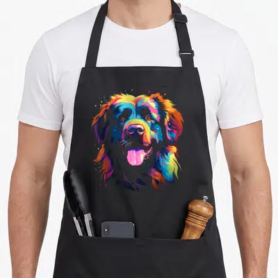 Tablier de cuisine noir avec portrait artistique d'un Terre-Neuve multicolore et expressif.