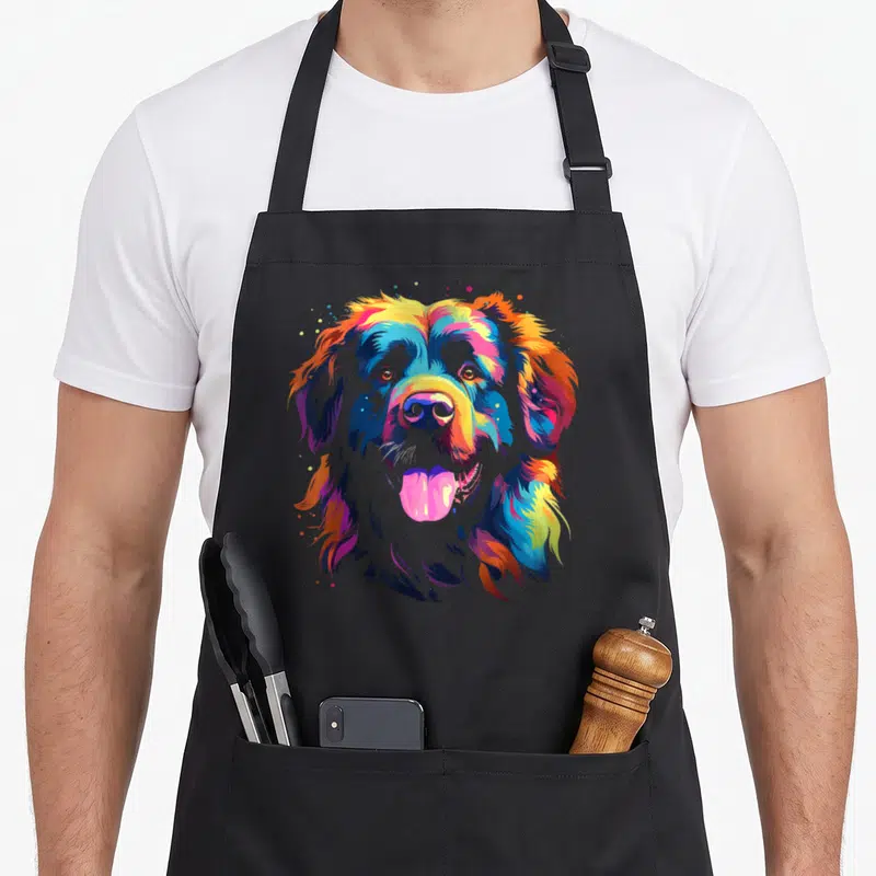 Tablier de cuisine noir avec portrait artistique d'un Terre-Neuve multicolore et expressif.