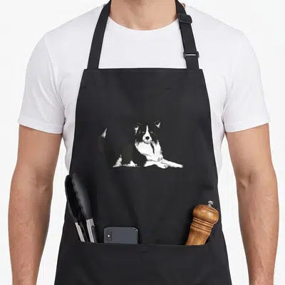 Tablier de cuisine noir avec illustration d'un Border Collie noir et blanc couché en position de repos.