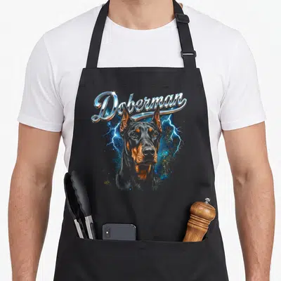 Tablier de cuisine noir avec illustration d'un Doberman aux éclairs bleus et texte Doberman en chrome brillant.
