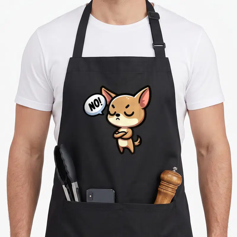 Tablier de cuisine noir avec illustration d'un chihuahua boudeur disant NO.