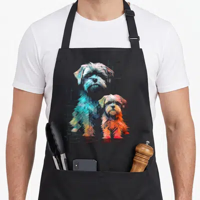 Tablier de cuisine noir avec illustration de deux chiens Shih Tzu stylisés en polygones colorés et lignes graphiques.