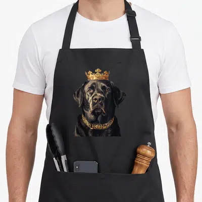 Tablier de cuisine noir avec illustration d'un Labrador noir portant une couronne dorée et un collier richement orné.