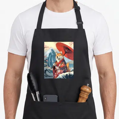 Tablier de cuisine noir avec un Shiba Inu vêtu d'un kimono tenant un parasol rouge face à une grande onde bleue.