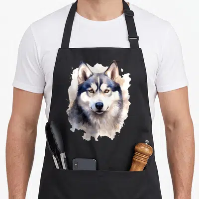 Tablier de cuisine noir avec portrait artistique d'un chien husky sibérien aux couleurs vives.
