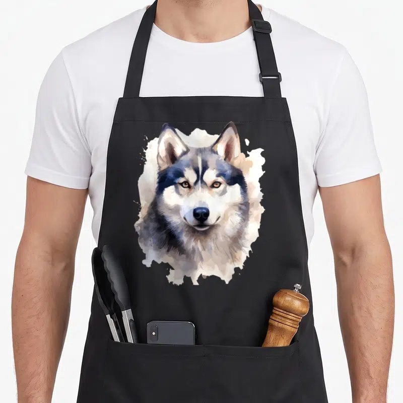 Tablier de cuisine noir avec portrait artistique d'un chien husky sibérien aux couleurs vives.