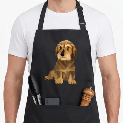 Tablier de cuisine noir avec illustration d'un teckel à poil dur assis aux tons bruns et regard attentif.