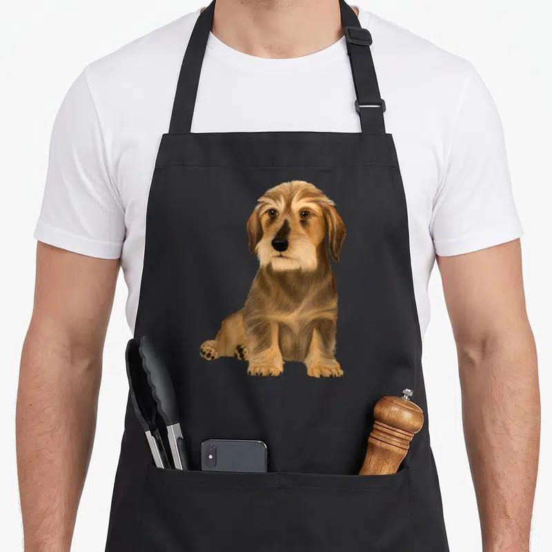 Tablier de cuisine noir avec illustration d'un teckel à poil dur assis aux tons bruns et regard attentif.