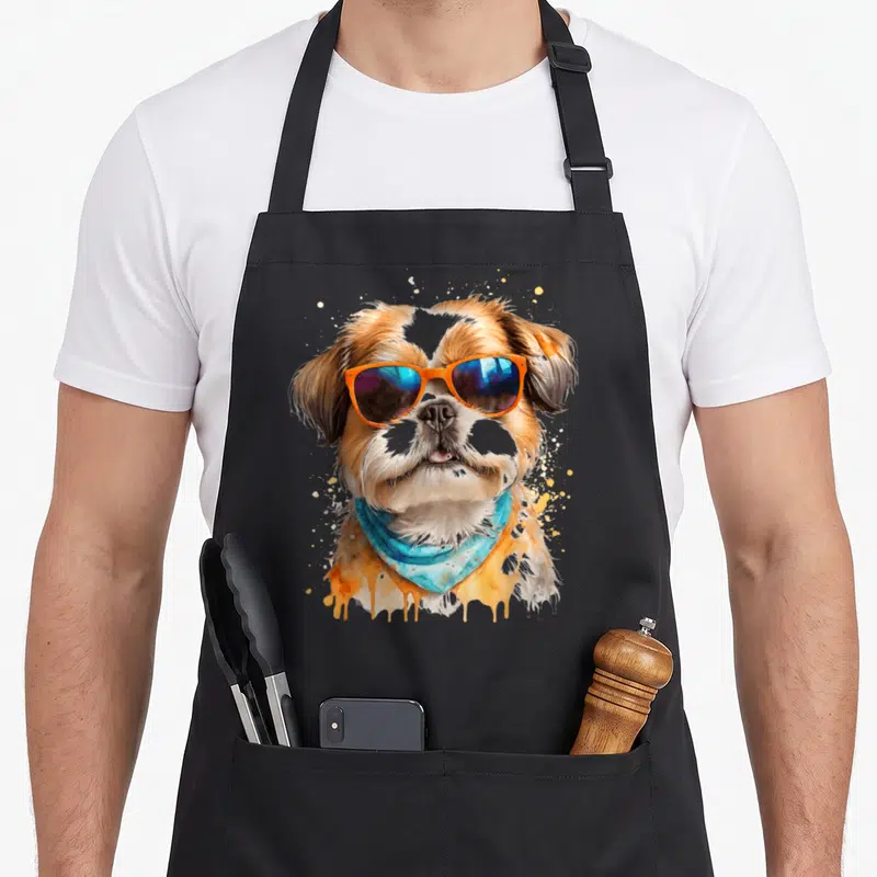 Tablier de cuisine noir avec illustration d'un Shih Tzu portant des lunettes de soleil orange et un bandana bleu.