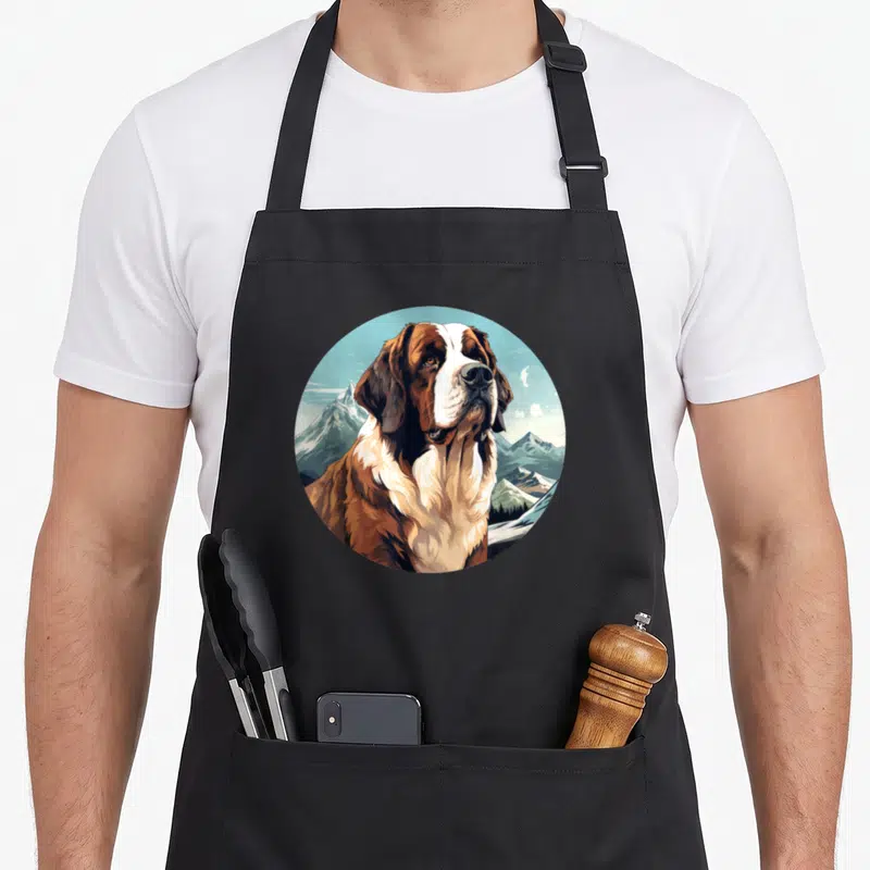 Tablier de cuisine noir avec portrait circulaire d'un Saint Bernard et un chien de montagne en arrière-plan.