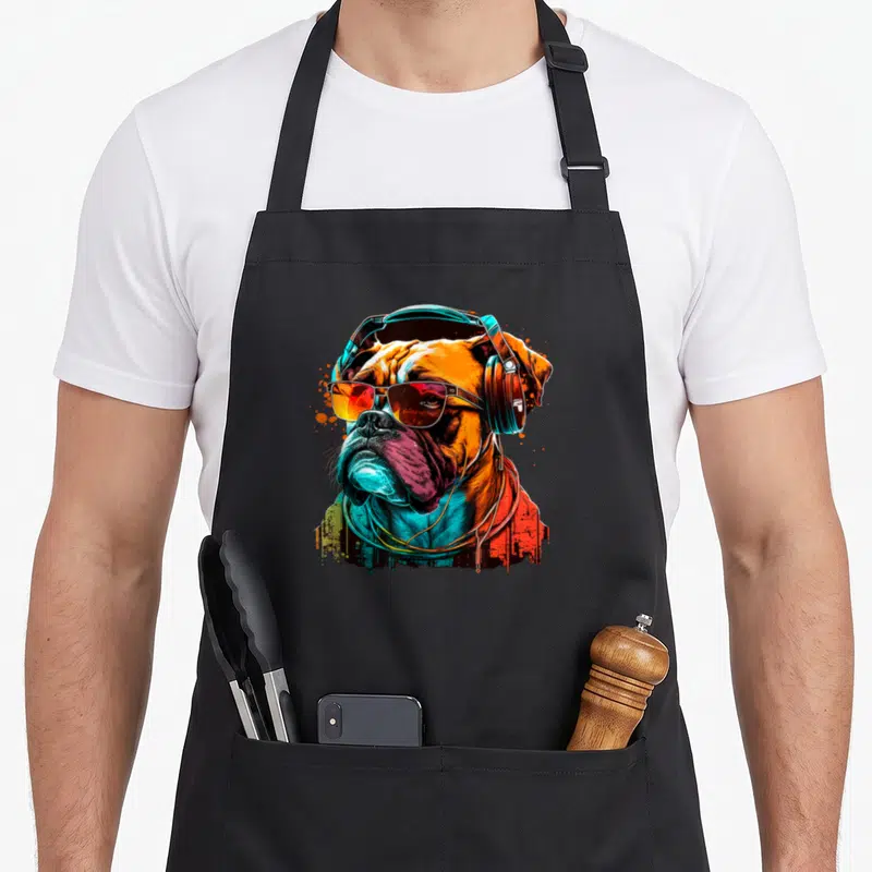 Tablier de cuisine noir avec illustration colorée d'un chien boxer en DJ portant des écouteurs et des lunettes de soleil.