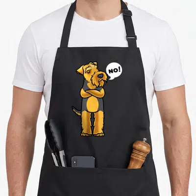Tablier de cuisine noir avec illustration Welsh Terrier aux bras croisés et bulle de dialogue NO.