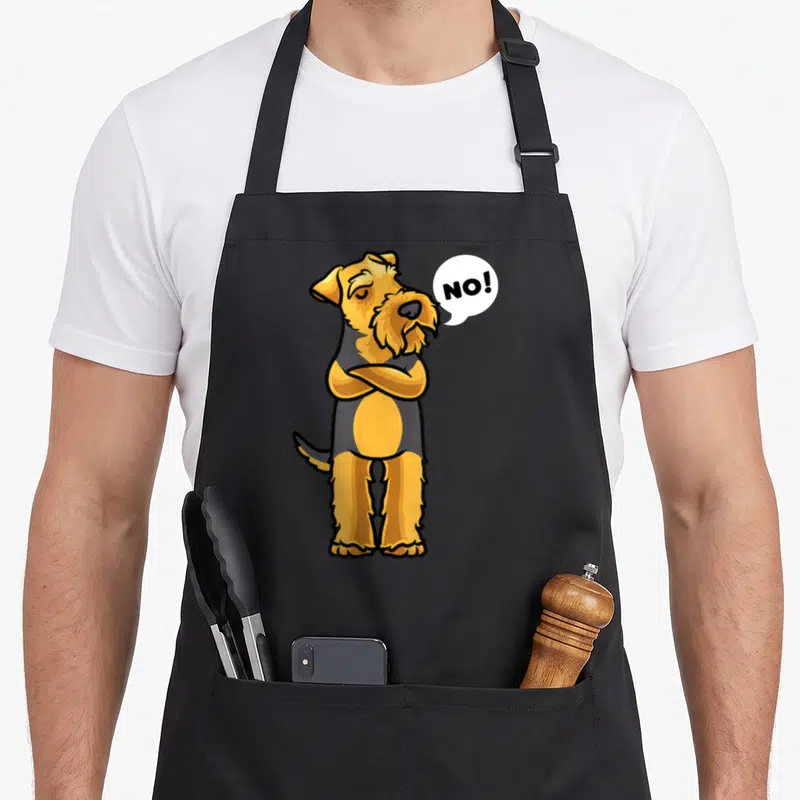 Tablier de cuisine noir avec illustration Welsh Terrier aux bras croisés et bulle de dialogue NO.
