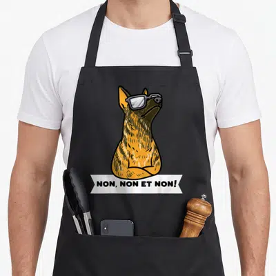 Tablier de cuisine noir avec illustration d'un chien Berger Hollandais aux lunettes et banderole Non non et non