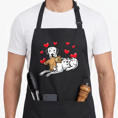 Tablier de cuisine noir avec un Dalmatien tenant une peluche en ours et des cœurs rouges flottants.