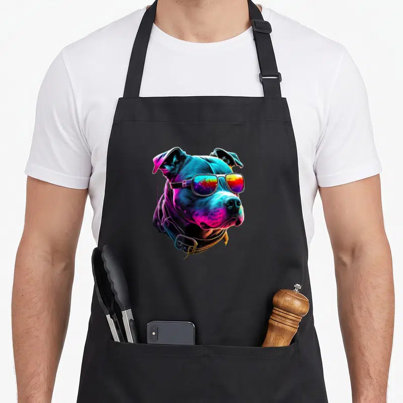 Tablier de cuisine noir avec illustration d'un Staffordshire Bull Terrier aux couleurs néon portant des lunettes de soleil.